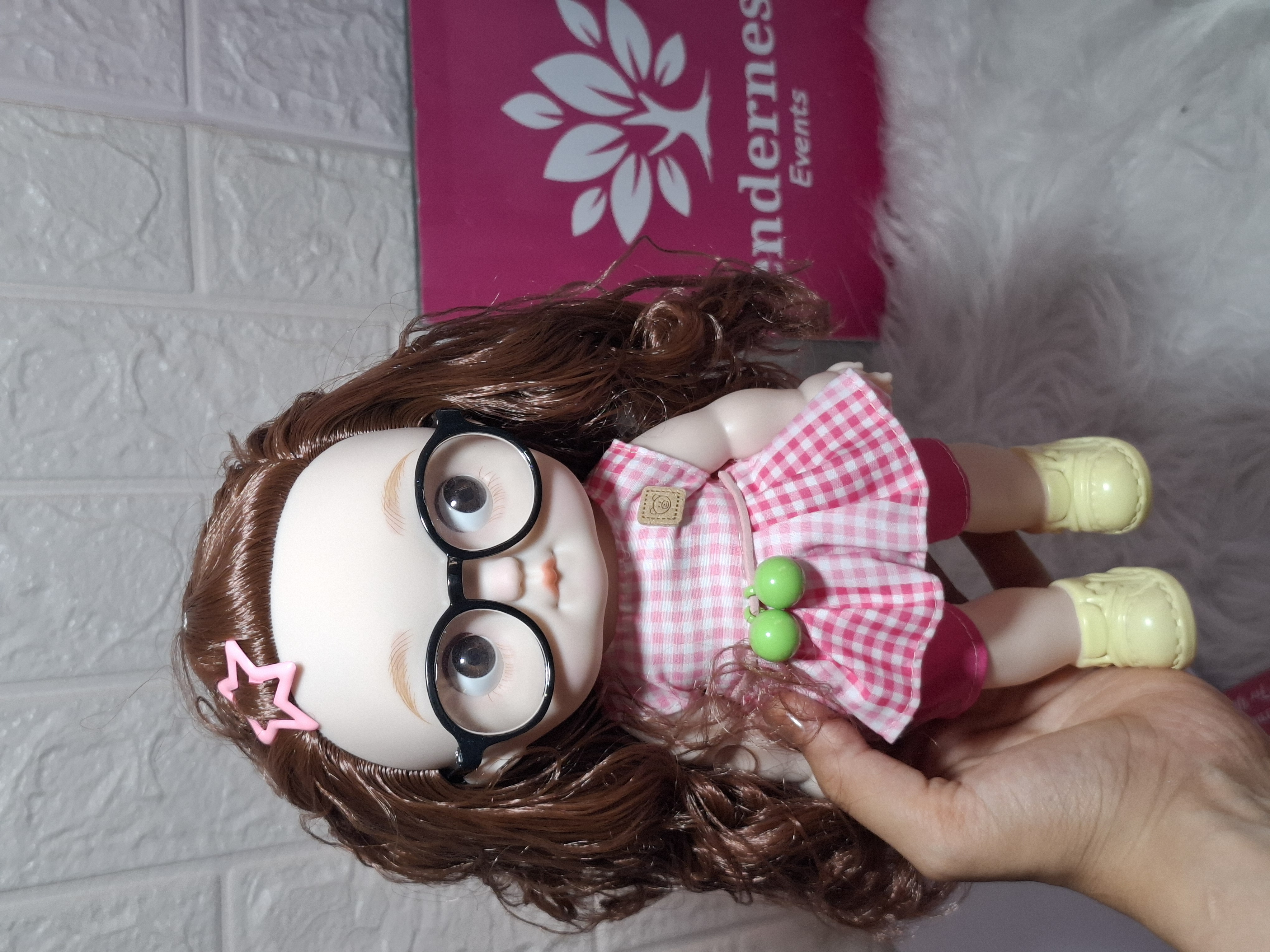 Cute Doll with Curly Hair and Glasses